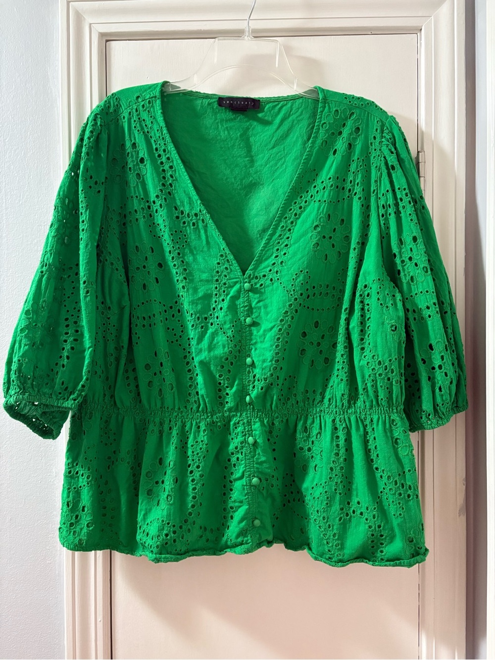 Sanctuary Green Eyelet Peplum V-Neck Women's Top